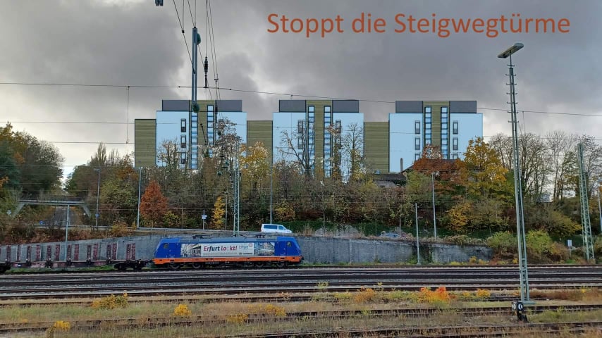 Stoppt die Steigweg-Türme! Bild simuliert Blick vom Bahnhof auf die 14,5m hohen Wohnblöcke, die am Steigweg geplant sind